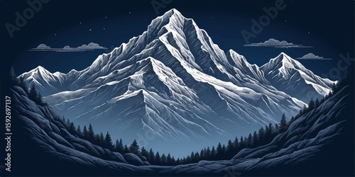 Snow-capped peaks pierce the winter sky, a breathtaking mountain landscape of nature's cold, alpine grandeur