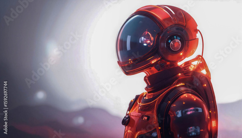Astronaut figure in red armor with helmet facing bright horizon, sci-fi concept, soft light, alien terrain in background