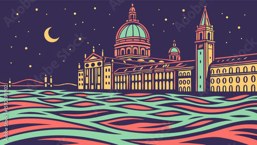 Venice italy cityscape illustration with moon and stars over water vintage travel poster art print design
