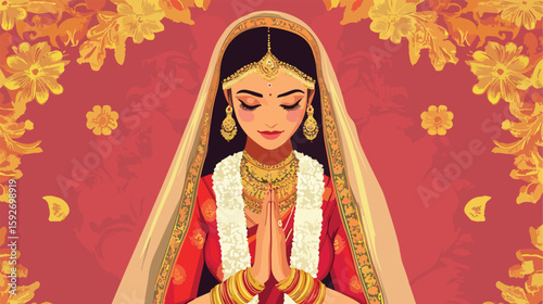 Hindu Bride Flowers Flat Vector Illustration
