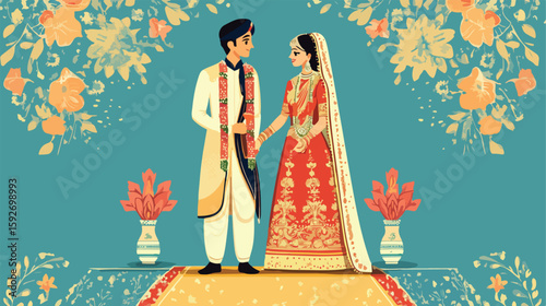 Traditional Hindu wedding couple ceremony illustration