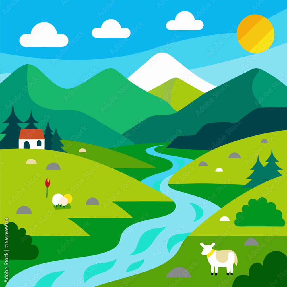 Fototapeta premium Beautiful countryside landscape in summer with green hills, fields, river and grazing goats vector on natural background.