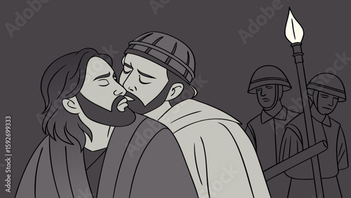 Judas betraying jesus with a kiss bible scene vector illustration religious art historical depiction drawing