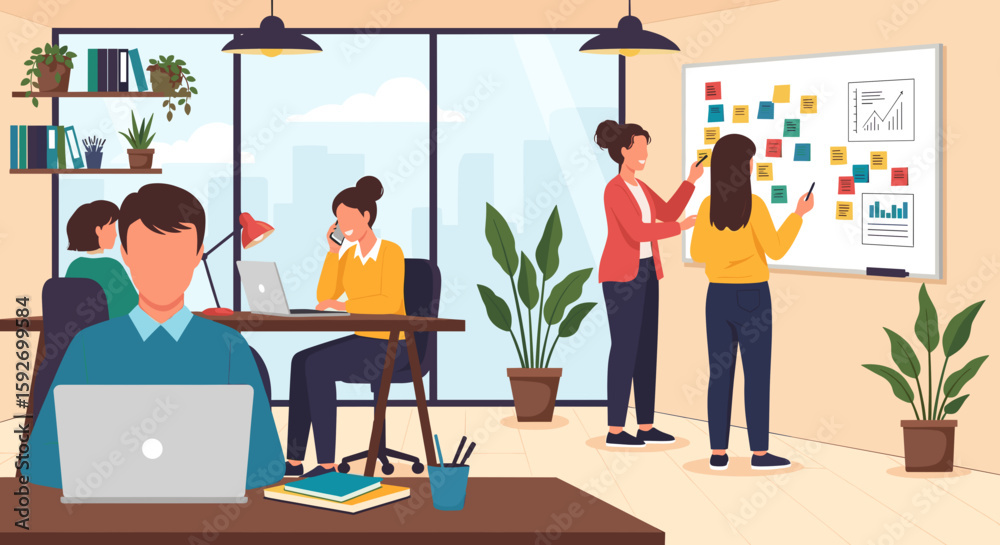 Fototapeta premium Teamwork in a modern office: Diverse colleagues collaborating on a project, perfect for website banners or presentations.