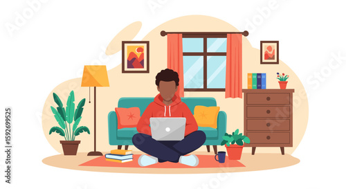 Man working from home on laptop, illustration perfect for remote work blogs and articles.