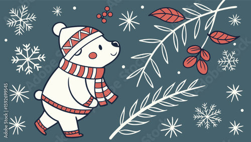 Cute winter polar bear with hat and scarf vector illustration for holiday season and christmas time design