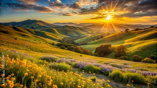 Golden light bathes the mountain landscape, painting the sky with hues of sunrise or sunset over rolling green hills and a summer meadow