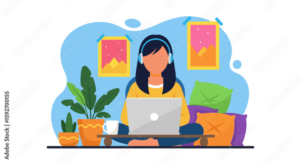 Fototapeta premium Woman working from home on laptop, perfect for blog posts about remote work or freelancing.