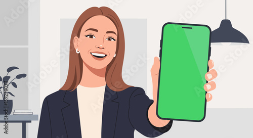 Smiling businesswoman holding smartphone with green screen, perfect for app presentations or website mockups.