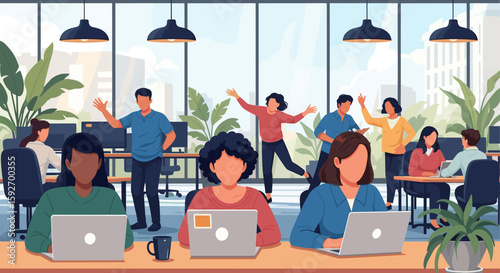 Diverse team of coworkers collaborating in a modern office. Ideal for website banners, presentations, or brochures.