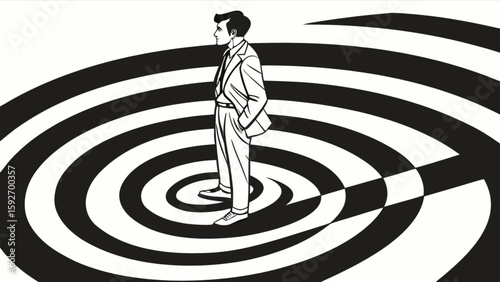 Businessman standing on target illustration concept for business strategy and focus achievement goal setting