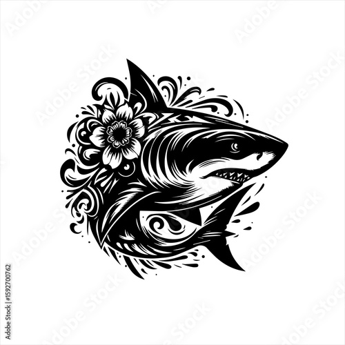 Shark with flower isolated on white background