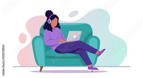 Woman relaxing on armchair working on laptop, perfect for website banners or blog posts about remote work.