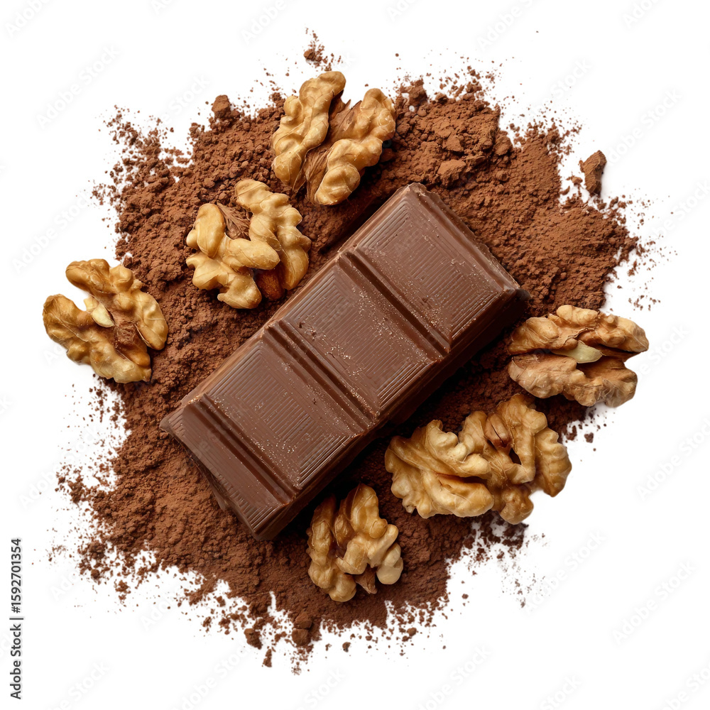 Fototapeta premium A chocolate bar is surrounded by chocolate powder and walnuts [Transparent Background PNG].