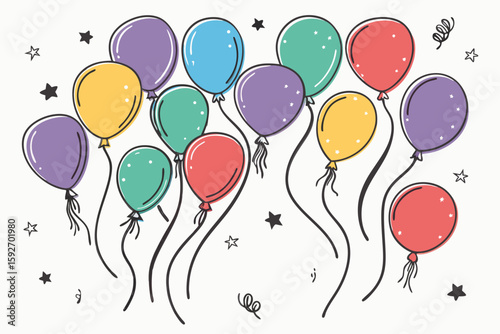 Colorful hand drawn balloons floating with stars and confetti