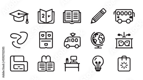 "Education and School Icons – Graduation, Book, Teacher, and Learning Tools Symbols"