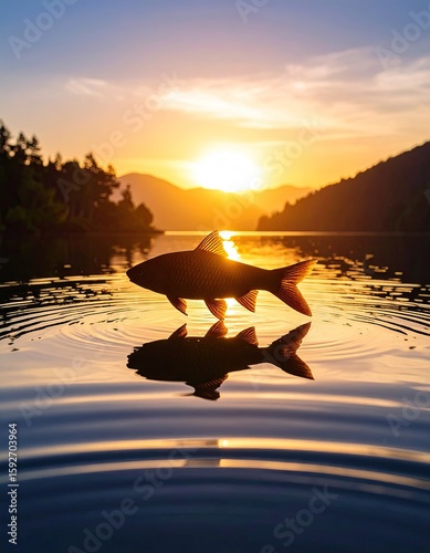 Silhouette of a fish leaping in a tranquil lake at sunrise