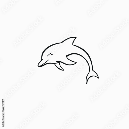 Line drawing of a dolphin on white background, minimalist vector design with copy space