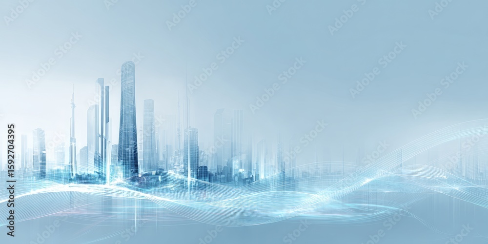 Fototapeta premium Futuristic city skyline with digital waves
