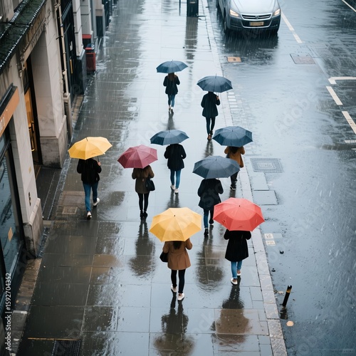 people walking on the sidewalk in the rain