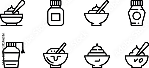 Vector Cream Icons: Bowls, Jars, and Spoons, Minimalist Style
