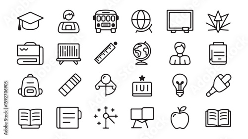 "Education and Classroom Symbols – School, Teacher, Student, and Learning Tools Icons"
