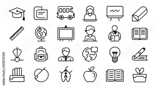 "Education and Classroom Symbols – School, Teacher, Student, and Learning Tools Icons"