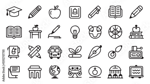 "Education and Classroom Icons – Book, Apple, Graduation, and Learning Symbols"