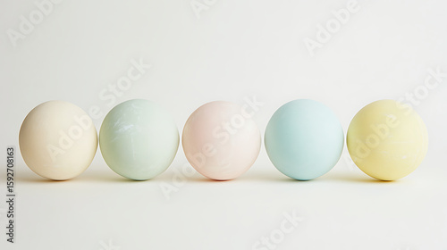A row of five pastel colored bath bombs sitting on a white surface against a white background plain scene