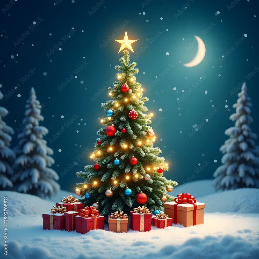 Fototapeta premium Christmas Tree Decorated with Lights and Ornaments in Snowy Night Scene