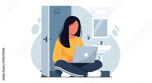 Woman working on laptop in a bathroom - Illustration for website or blog post about remote work.