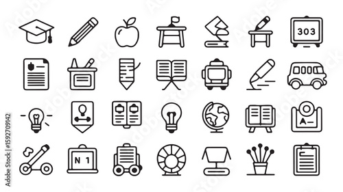 "Education and Classroom Icons – Book, Apple, Graduation, and Learning Symbols"