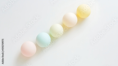 A pastel colored row of round candies arranged diagonally on a white surface in soft focus lighting