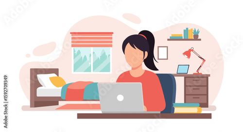 Young woman working from home on laptop, bedroom interior illustration. Perfect for blogs, websites, and articles about remote work.