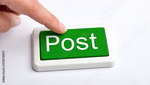 Finger presses a bright green button labeled 