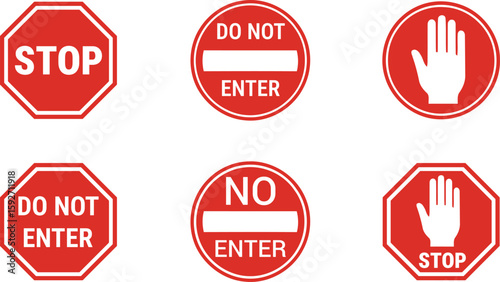 Collection of road traffic signs stop no entry and hand symbols