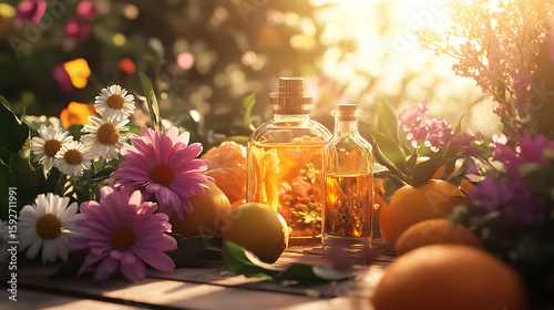 Still life with bottles of oil, lemons, oranges and flowers in a bright sunny garden setting
