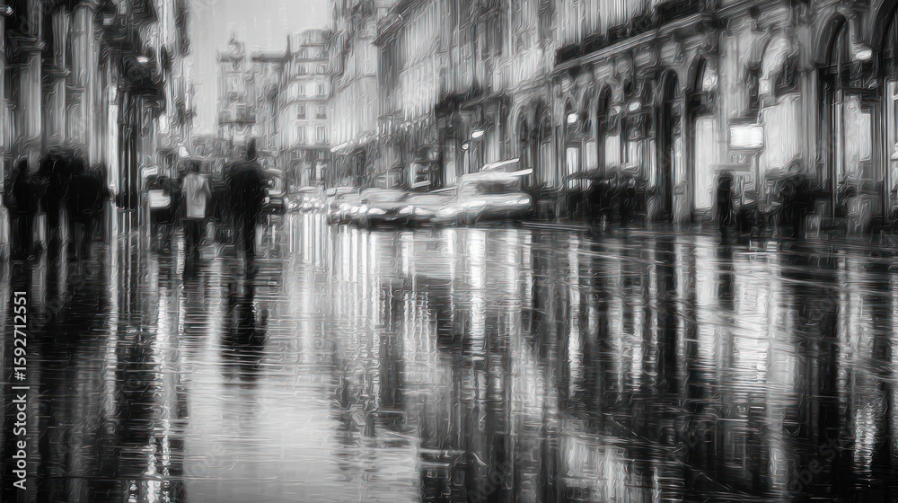 Fototapeta premium Rainy city street scene