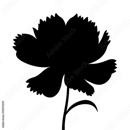 Minimalist black silhouette of a peony flower on a white background