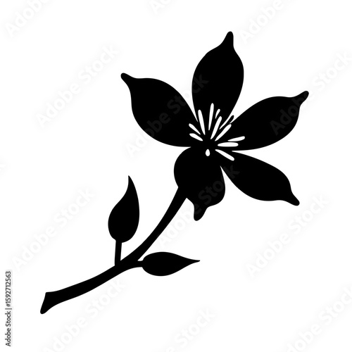 Minimalist black silhouette of cherry blossom flower on white background