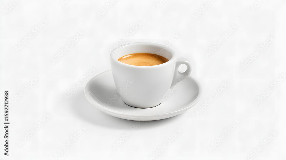 Fototapeta premium Classic White Ceramic Espresso Cup with Handle on Plate, Ideal for Coffee Lovers and Stylish Dining Experiences