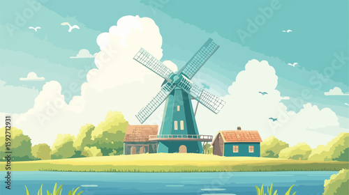 Green Energy Windmill Vector Illustration