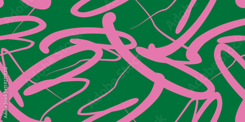 Abstract pink scribbles on a green field seamless pattern