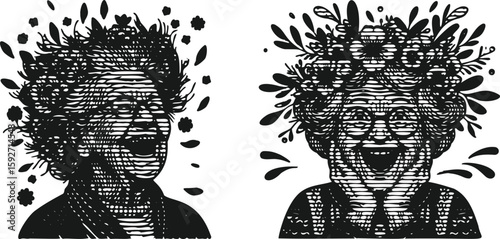  Monochrome lined engraving bundle excited grandma portrait with floral hair vintage style design