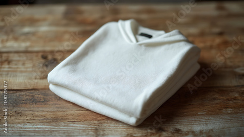 A folded white sweater with a collar displayed on a rustic wooden surface in a soft light setting