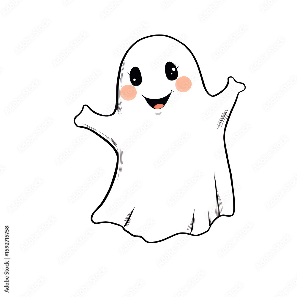 Obraz premium A cartoonish black ghost with pink cheeks and a small tooth on transparent background