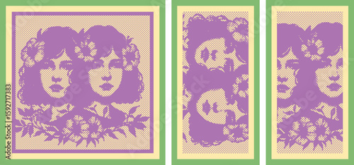  Purple dot halftone home decor vector design, two girls twin sisters with dark floral hair art