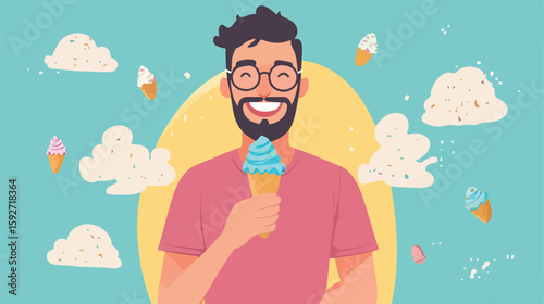 Man Enjoying Ice Cream Flat Illustration