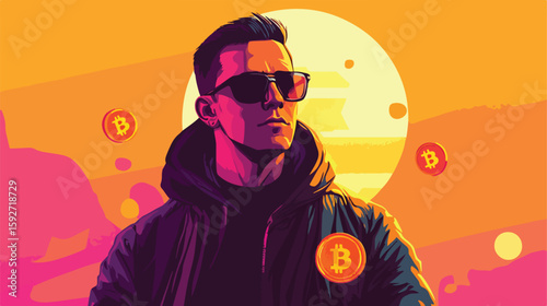 Man holding Bitcoin flat vector illustration