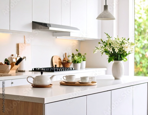 Modern kitchen island with tea set and flowers